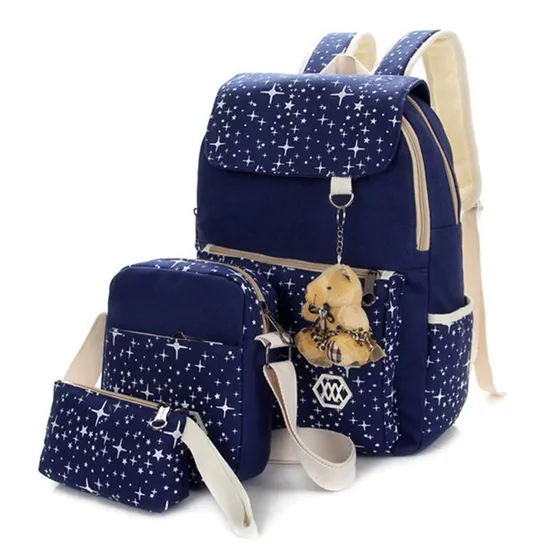 3PCS Casual Star Print Canvas Top Name Brand Kids School Bag Set