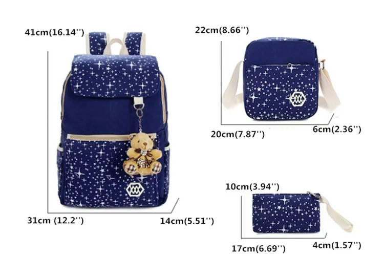 3PCS Casual Star Print Canvas Top Name Brand Kids School Bag Set