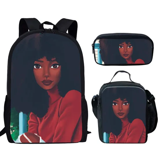 School Bags for Girls Black Art African Backpack Children 3PCS Schoolbags Set Kids Primary School Backpack Students
