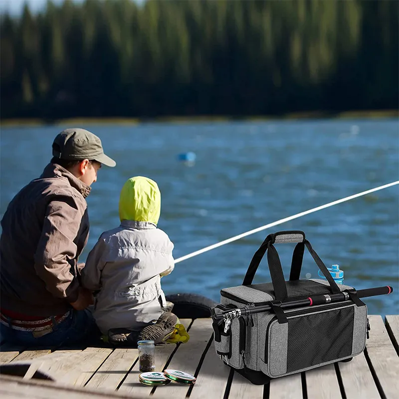 2024 New Fishing Gear Luggage with Rod Frame Waterproof Fishing Gear Storage Bag with EVA Anti Slip Base