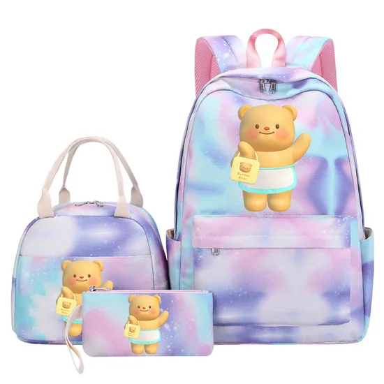 Butter Bear Student Children′s Backpack Handbag Bento Bag Pencil Case 3-Piece Set