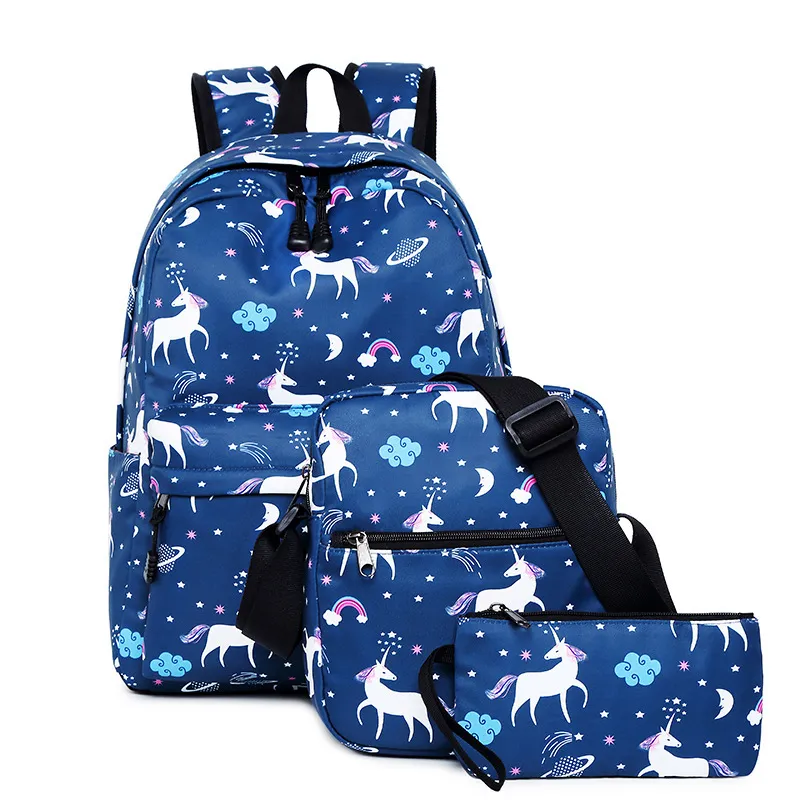 High School Female Unicorn Children&prime;s Backpack Customized Crossbody Bag Pen Bag Three Piece Set