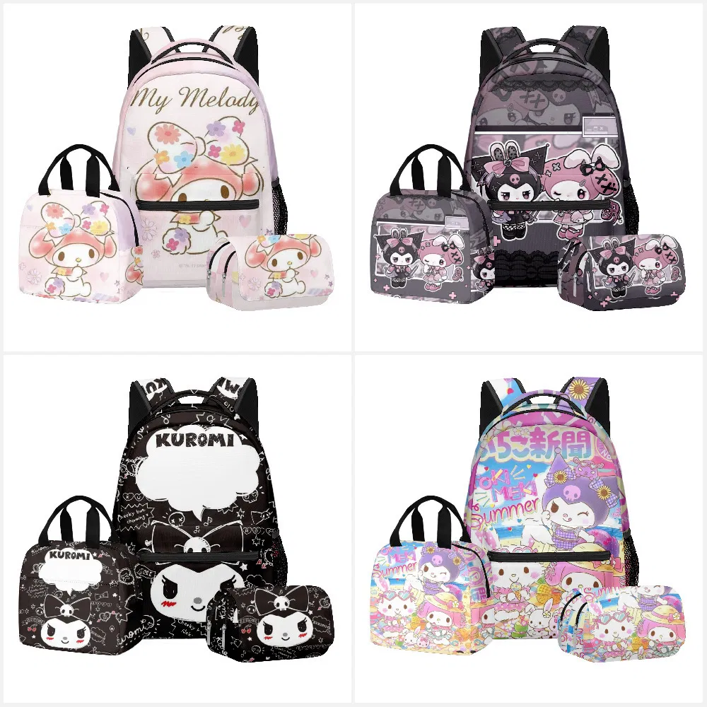 2024 New 3D Kuromi Student School Bag Backpack Lunch Bag Pen Bag Three Piece Set