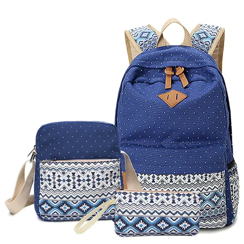 Three Piece Set of Leisure Canvas Backpack for Female Students Mother Bag High School Lunch Bag