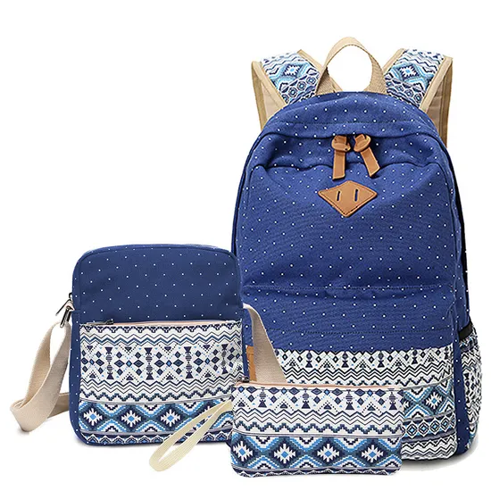 Three Piece Set of Leisure Canvas Backpack for Female Students Mother Bag High School Lunch Bag