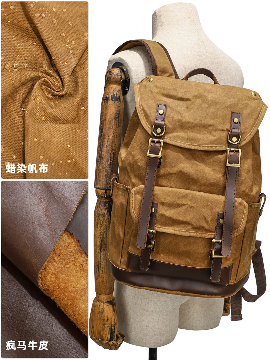 Retro Oil Wax Canvas Backpack Outdoor Waterproof Large Capacity Mountaineering Travel Multi Functional Backpack