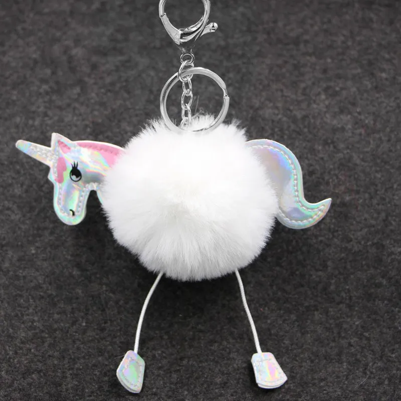 Cartoon Unicorn PU Leather Pompom Key Accessories Ladies&prime; Fur Ball Key Ring Unicorns Handbag Hang