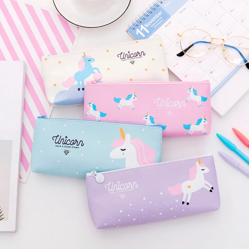 Creative Stationery Cartoon Cute PU Leather Unicorn Pencil Bag