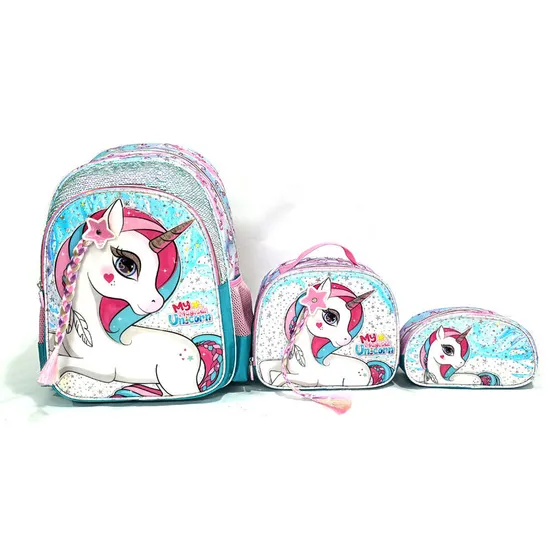 Custom Cartoon Unicorn Girls Kids School Bag Set with Lunch Box and Water Bottle