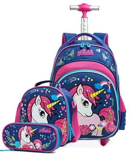 3PCS School Wheeled Bag Set with Lunch Box Trolley Wheeled Backpack
