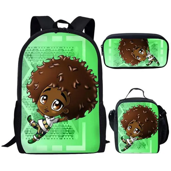 Black African Boy Designs 3PCS Backpag American Art Children Mochilas Schoolbag and Lunch Bag Set for Kids Backpack School Bags