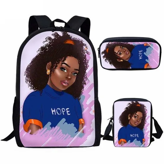 Back to School Backpack Kids Bag African American Black Art Girls Schoolbag Mochila 3PCS Set School Bags for Girls