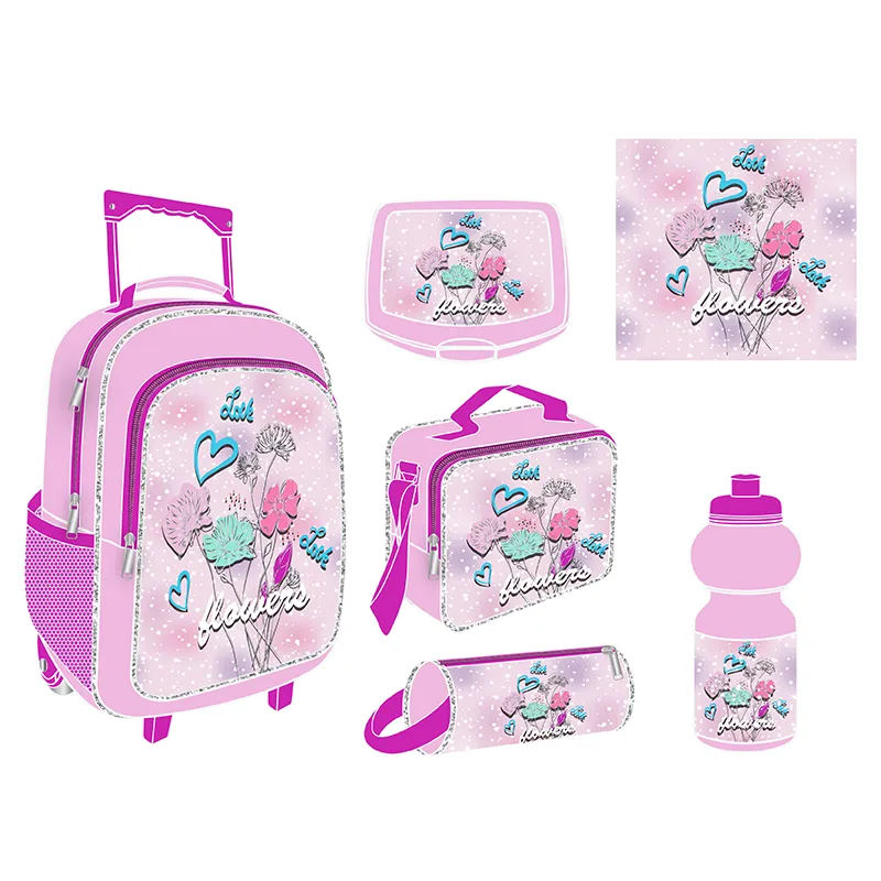 Custom 5 PCS Set Waterproof Backpack Girl Daily Fashion Kids Character School Trolley Bags