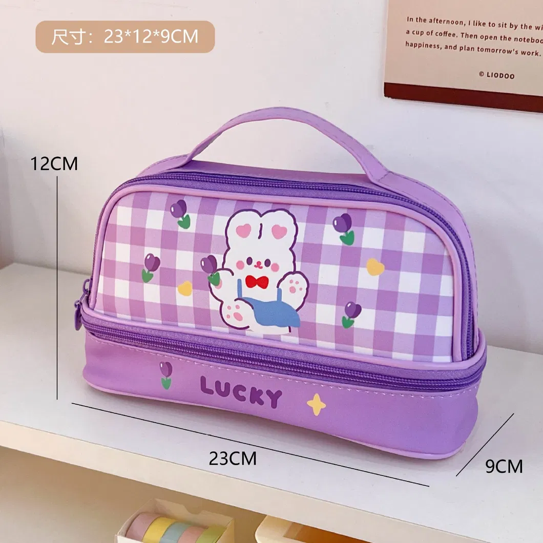 Kawaii Cartoon Stationery Bag Double Layer Large Capacity Leather Pencil Case