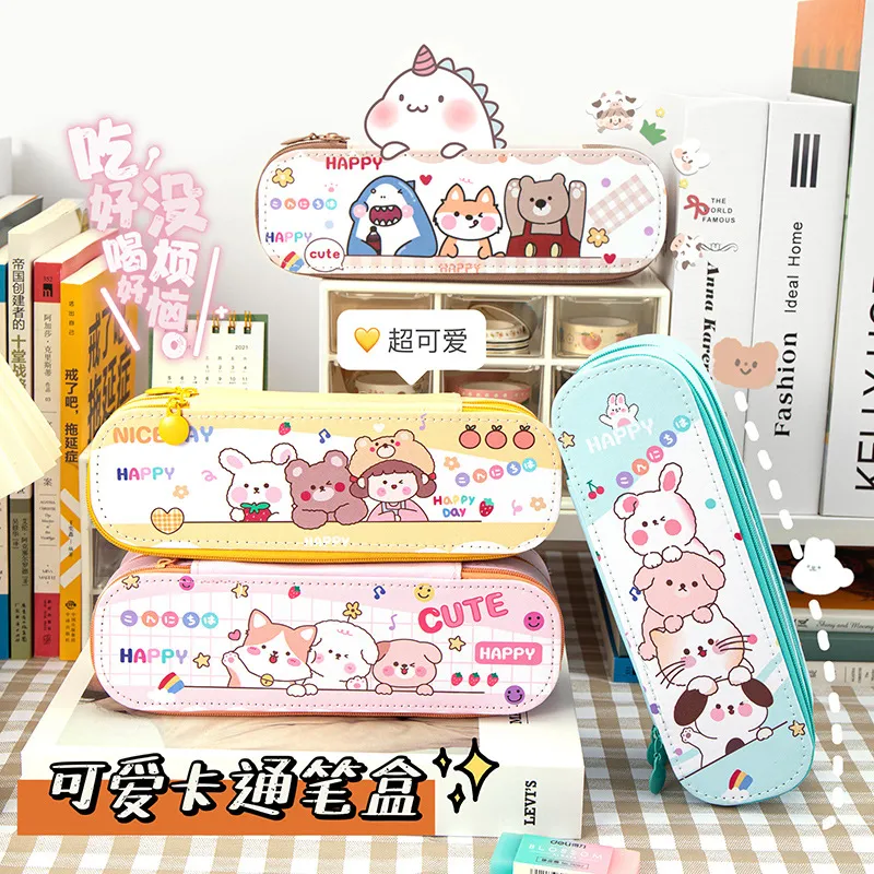 School Kids Cartoon Kawaii Cat Design Double Layer PU Pencil Case Large Capacity