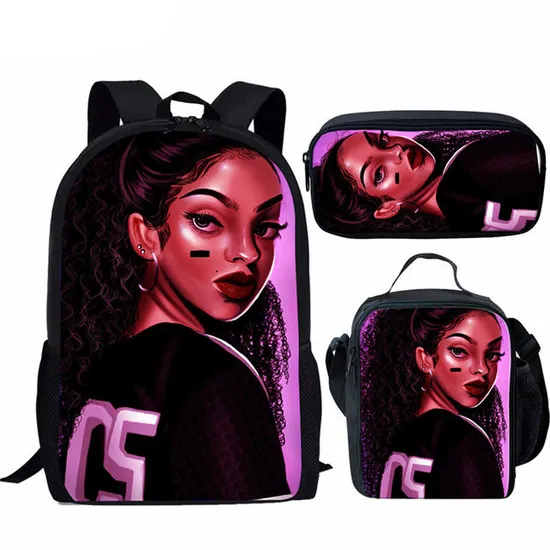 Girls Backpack for School Black Art African Girls Design Bagpack Children 3PCS/Set Schoolbag Bookbag
