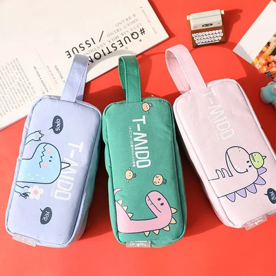Wholesale Kids School Stationery Pen Bags Canvas Cartoon Dinosaur Pencil Case