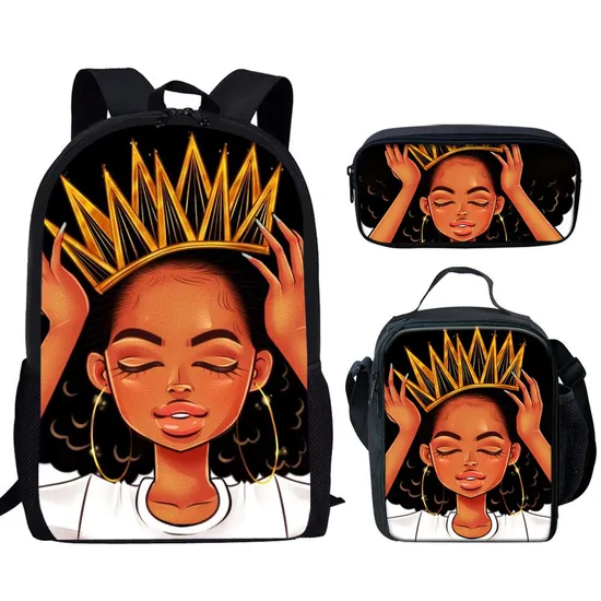 School Bags for Girls Black Art African Backpack Children 3PCS Schoolbags Set Kids Primary School Backpack Students