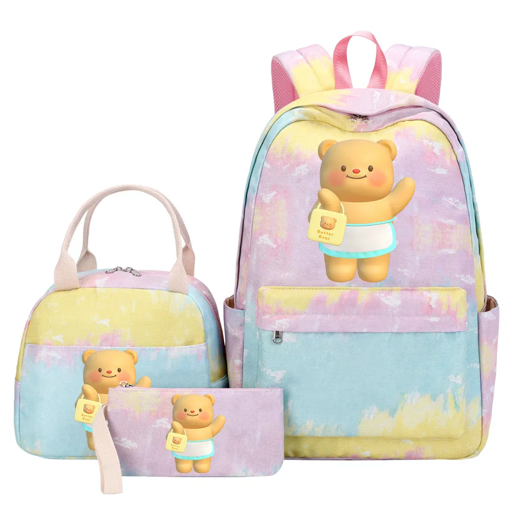 Butter Bear Student Children&prime;s Backpack Handbag Bento Bag Pencil Case 3-Piece Set