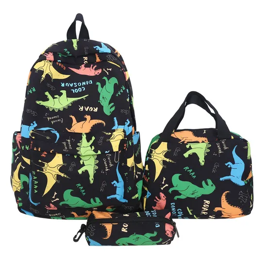 Cartoon Dinosaur Backpack with Graffiti Print Three Piece Set Large Capacity Student Backpack