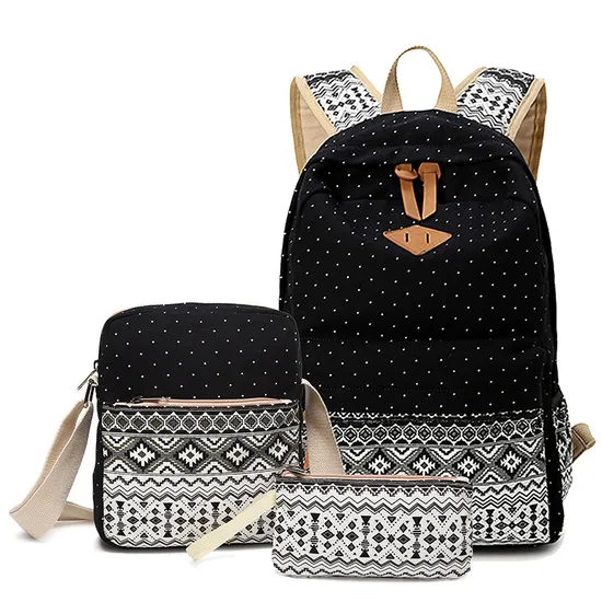 Three Piece Set of Leisure Canvas Backpack for Female Students Mother Bag High School Lunch Bag