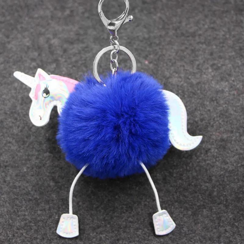 Cartoon Unicorn PU Leather Pompom Key Accessories Ladies&prime; Fur Ball Key Ring Unicorns Handbag Hang