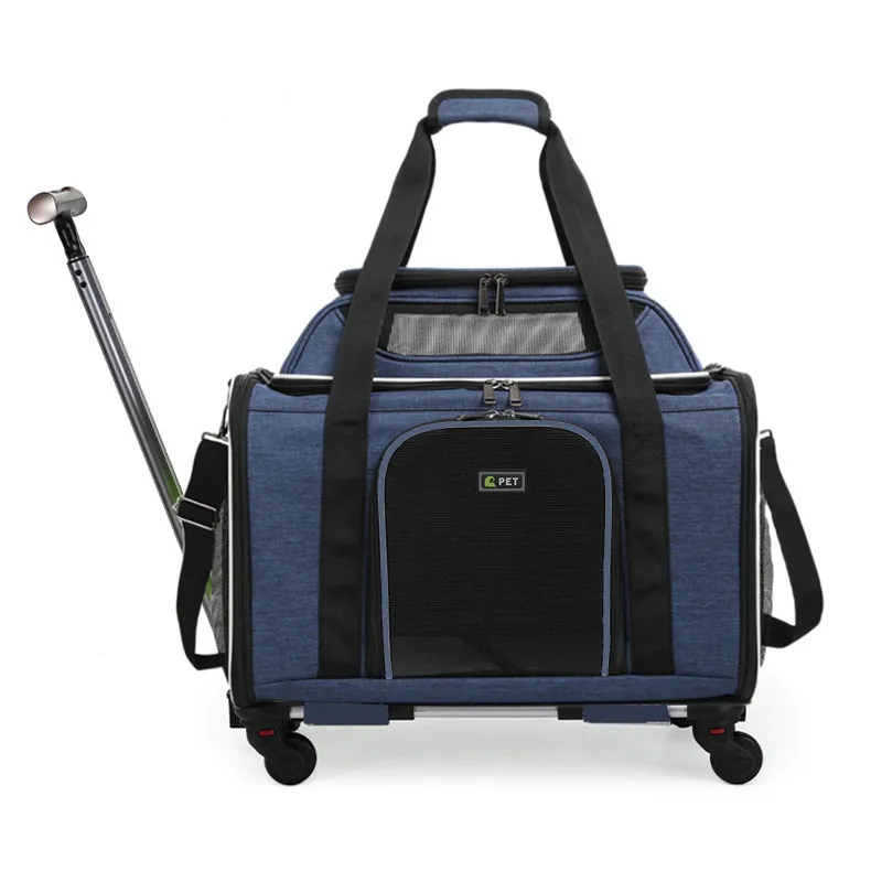 Airline Approved Foldable Cat Dog Carrier Wheels Bag Fully Detachable Pet Trolley Cat Bagpack with Removable Wheels