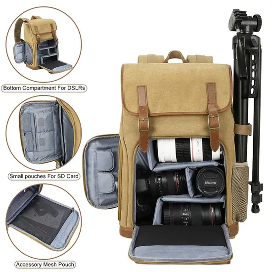 Customized Retro Fashion Waxed Canvas Backpack Outdoor Large Capacity Waterproof SLR Camera Backpack