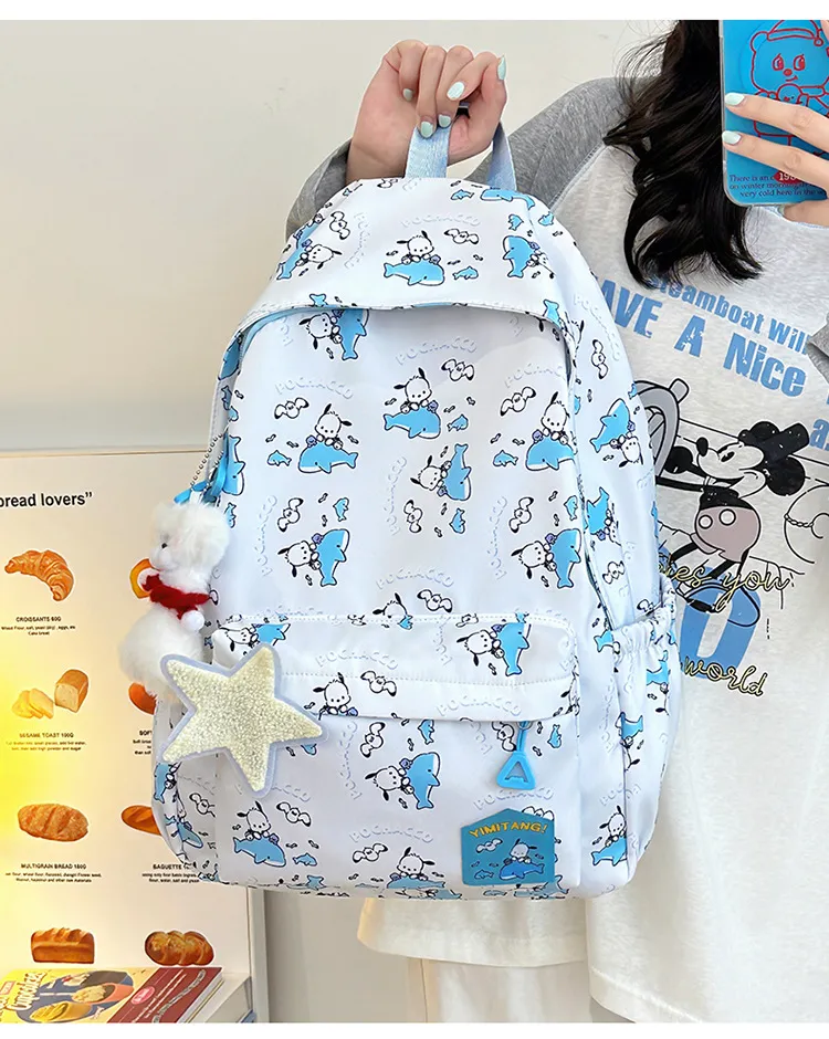 New Junior High School Nylon Backpack Cute Cartoon Hanger Print Large Capacity Boys and Girls School Backpack