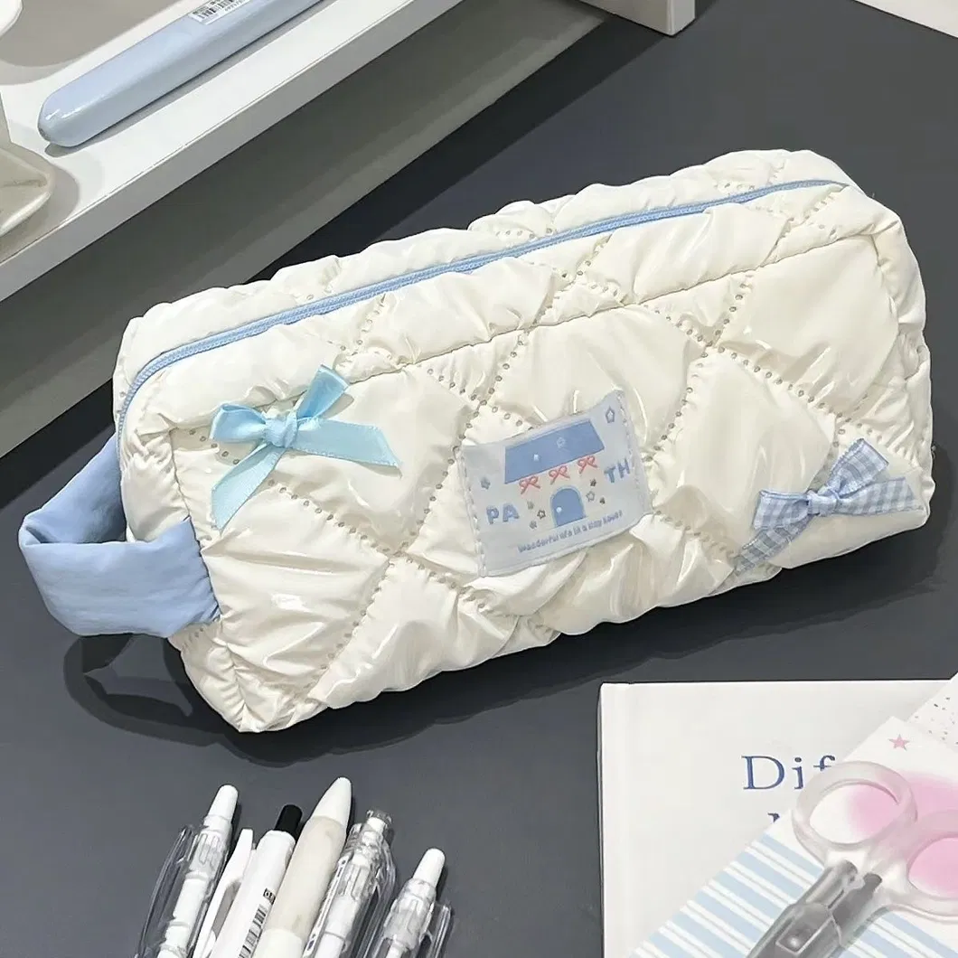 New Blue Bow Pen Bag Student Girl Heart Large Capacity Stationery Storage Makeup Bag