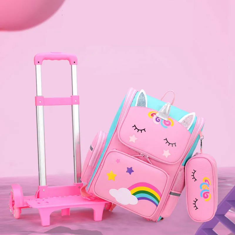 High Quality Backpack Unicorn Children&prime;s School Bags Children Backpack Convenient Travel Removeable Trolley Bag for Girls