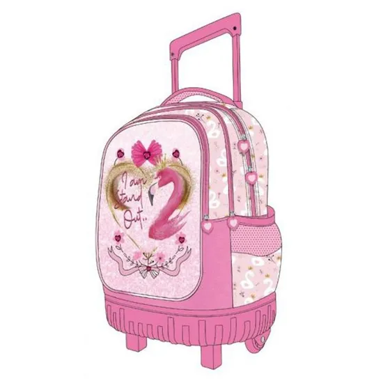 Large Capacity 19′′ 300d Polyester Flamingo Pattern School Wheel Trolley Bag with Pencil Case Lunch Bag 4 Wheel Trolley Backpack