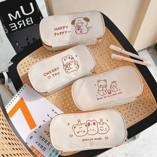 Cartoon Kawaii Bear School Stationery Bag Big Canvas Cute Pencil Case for Kids