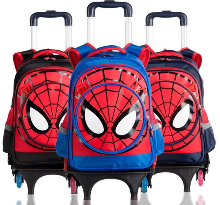 Cartoon Detachable Children Trolley School Bag with Three Wheel Spiderman Trolley Backpack