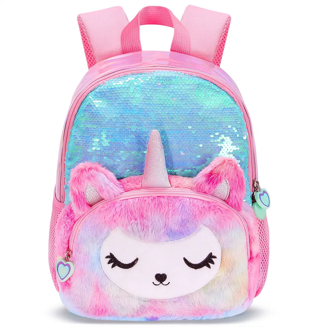 Kindergarten Children&prime;s Plush 3D Unicorn Anti-Lost Small Backpack Girls Sequin School Backpack