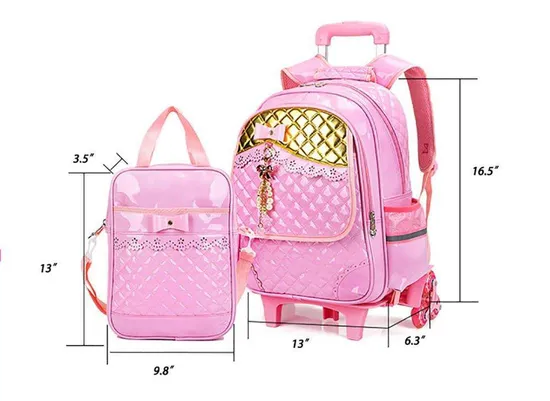 Rolling Kids Backpacks for Girls Trolley School Bag Handbag with Lunch Bag Pink
