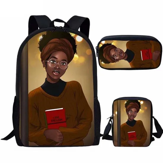 Back to School Backpack Kids Bag African American Black Art Girls Schoolbag Mochila 3PCS Set School Bags for Girls