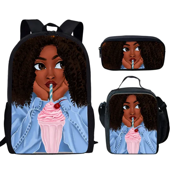 3PCS Black Art African American Girls Printing School Bags Set for Teenage Girls Bookbag Children Kids Schoolbags
