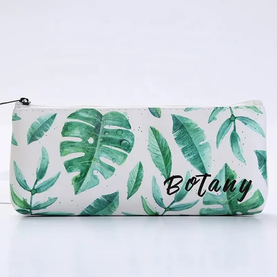 Fashion Office Stationery Bag Custom Leaves Pattern PU Leather Pencil Case