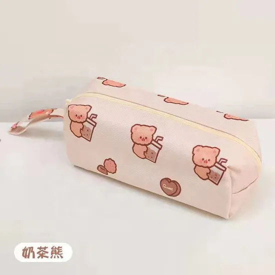 School Large Capacity Cute Cartoon Bear Zipper Pencil Case Canvas for Children