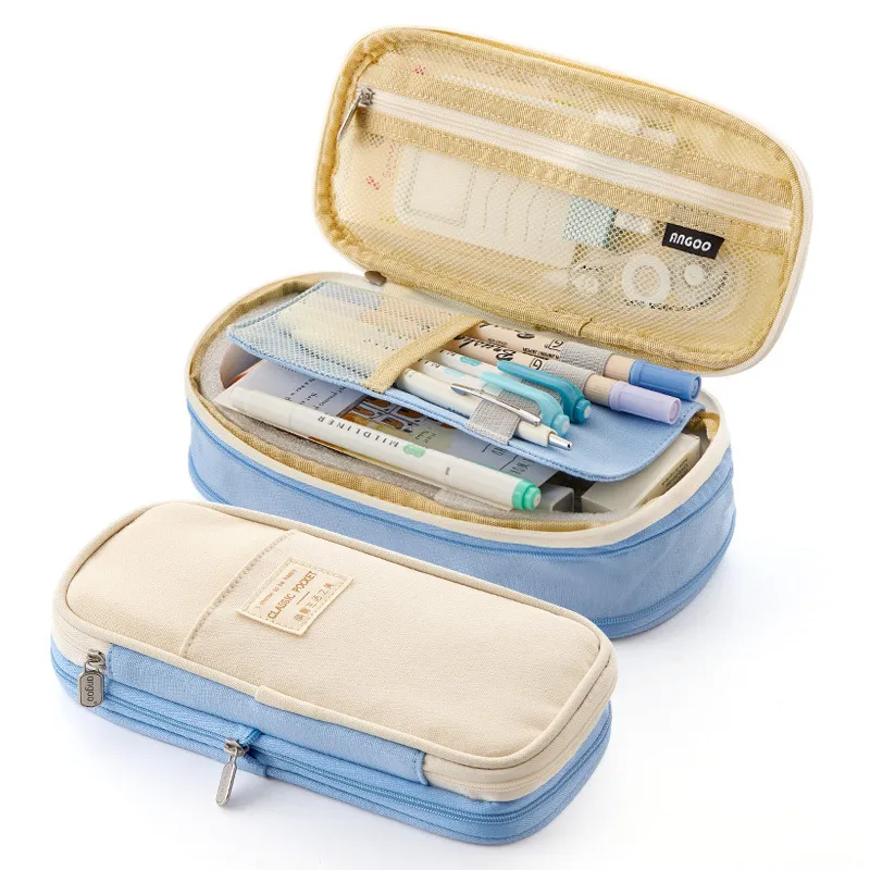 New Arrival Foldable Big Capacity Canvas Zipper Pencil Pouch Case Bag Stationery Organizers Compartments Cosmetic Makeup Bags