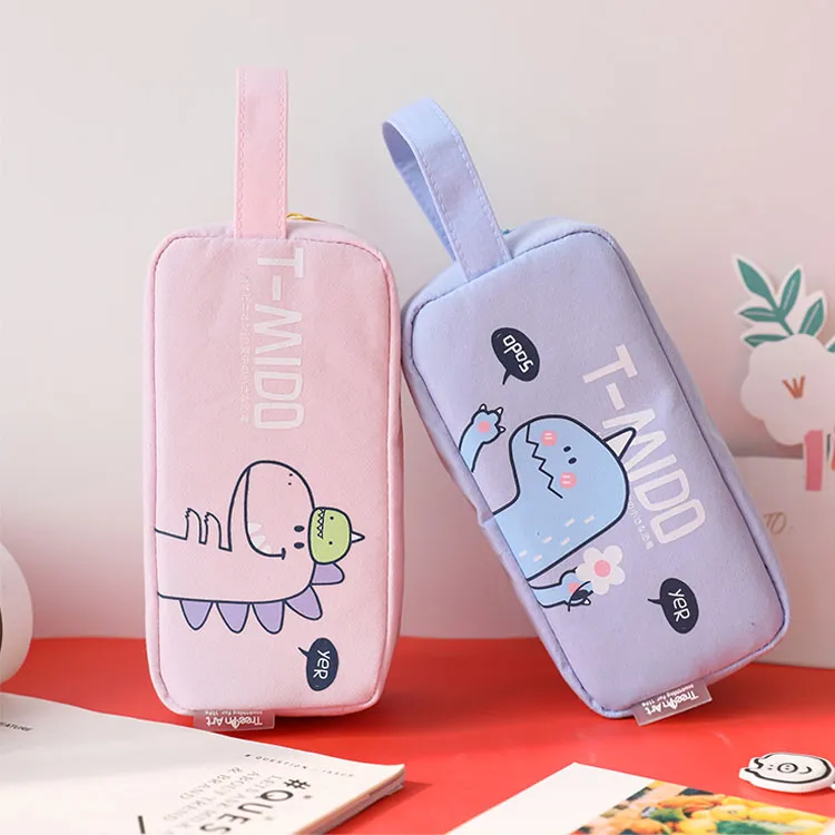 Wholesale Kids School Stationery Pen Bags Canvas Cartoon Dinosaur Pencil Case