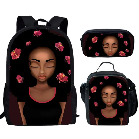 School Bags for Girls Black Art African Backpack Children 3PCS Schoolbags Set Kids Primary School Backpack Students