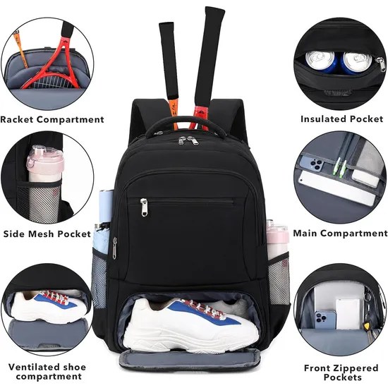 Factory Wholesale Training Tennis Backpacks with Insulate Shoe Bags Badminton Racket Bag