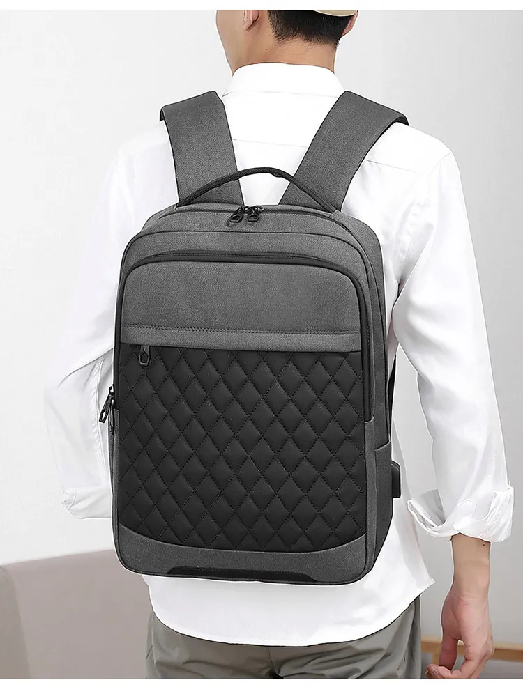 Mens Large Capacity Backpack Fashion Diamond Grid Business 15.6-Inch Computer Backpack