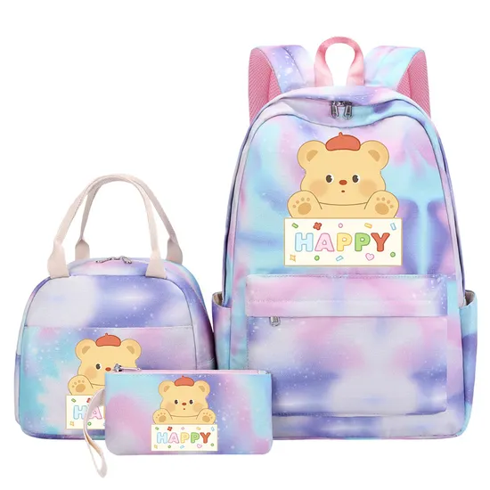 Butter Bear Student Children′s Backpack Handbag Bento Bag Pencil Case 3-Piece Set