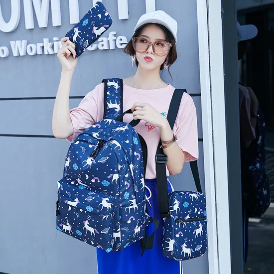 High School Female Unicorn Children′s Backpack Customized Crossbody Bag Pen Bag Three Piece Set
