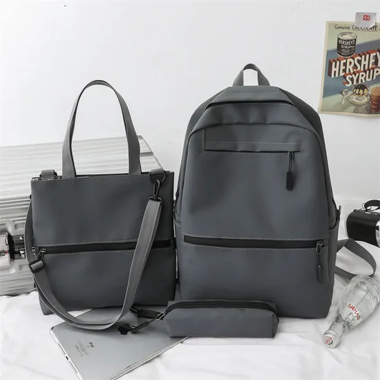 Trendy Fashionable Leather Film Large Capacity Middle School Student Three Piece Set Backpack