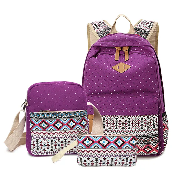 Three Piece Set of Leisure Canvas Backpack for Female Students Mother Bag High School Lunch Bag