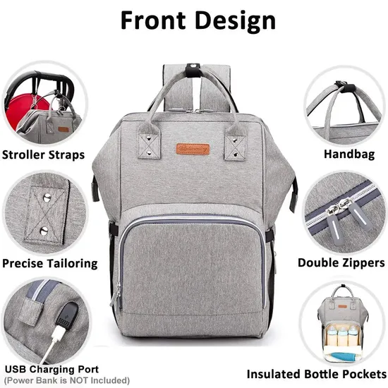 Factory Custom Diaper Bag Backpack Versatile Travel Backpack with USB Charging Port Insulated Pocket